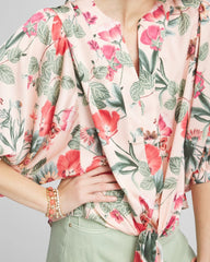 Chico's Discount Coral Blossom Floral Satin Tie-Front Pullover Top