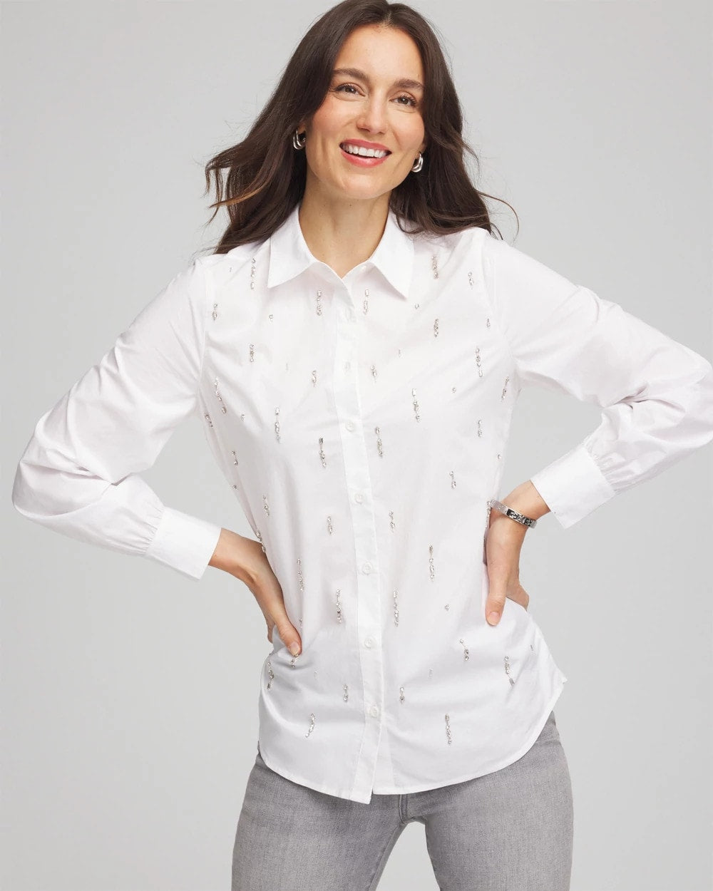 Chico's Outlet Alabaster Jeweled Poplin Shirt