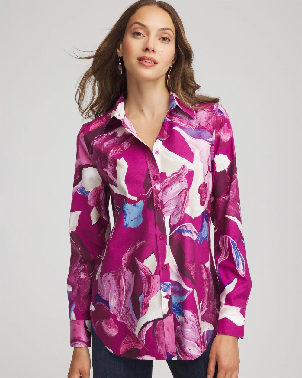 Chico's On Sale Cobalt Stone No Iron™ Floral-Paint-Print Shirt