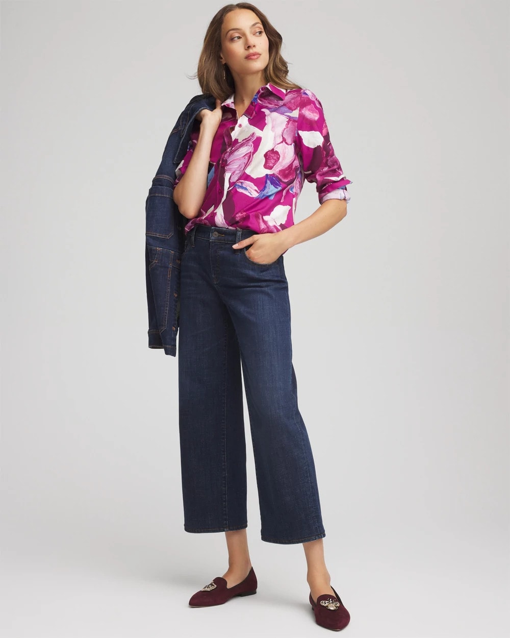Chico's On Sale Cobalt Stone No Iron™ Floral-Paint-Print Shirt