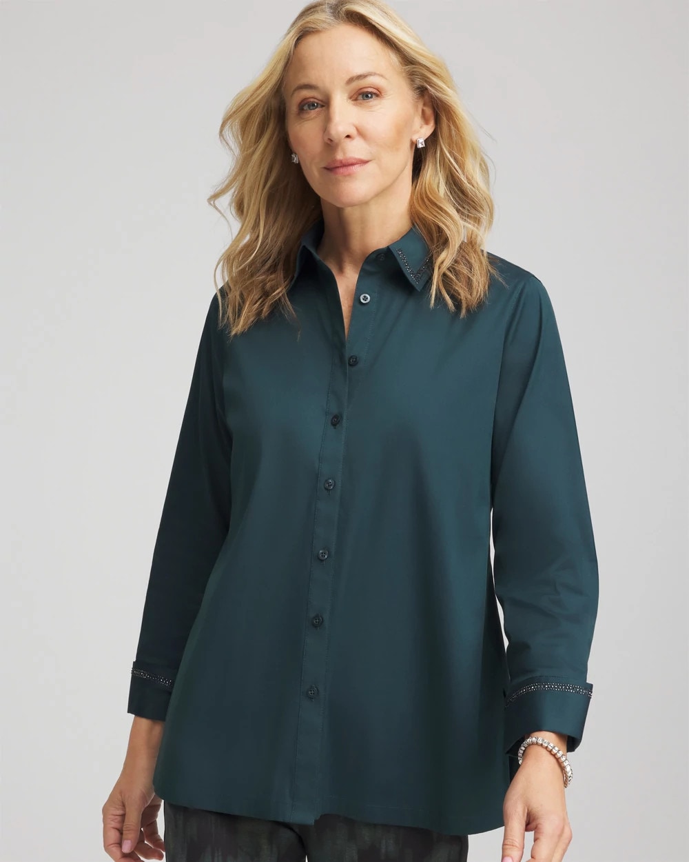 Chico's Online Teal Shadow Rhinestone Embellished Poplin Tunic