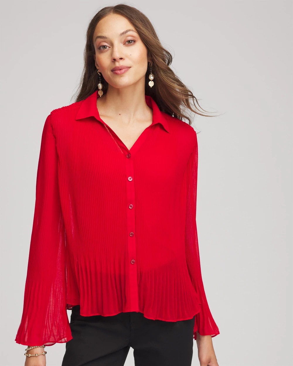 Chico's Discount Carmine Red Pleated Georgette Blouse