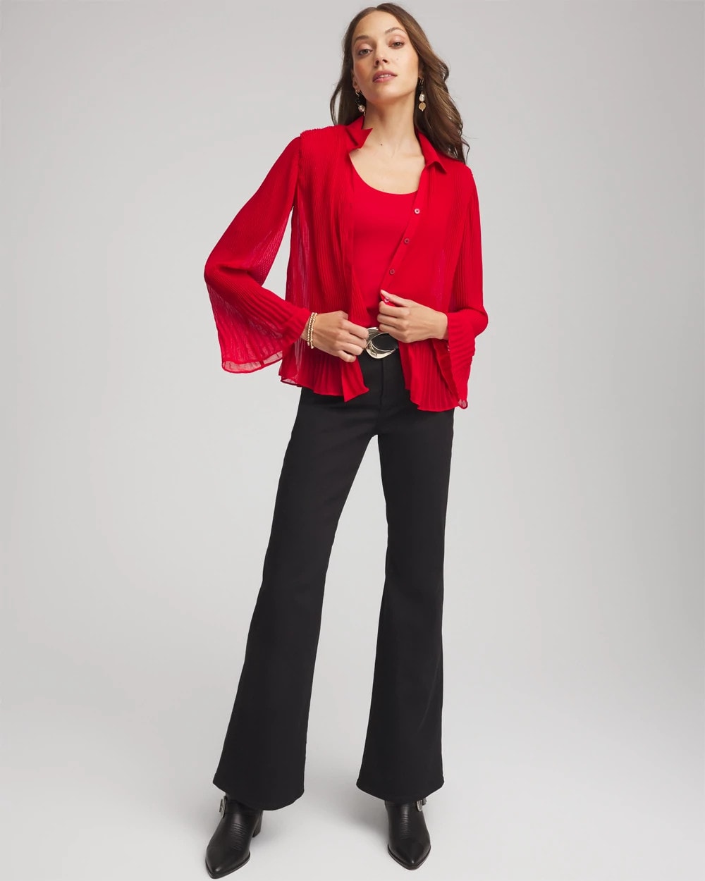 Chico's Discount Carmine Red Pleated Georgette Blouse