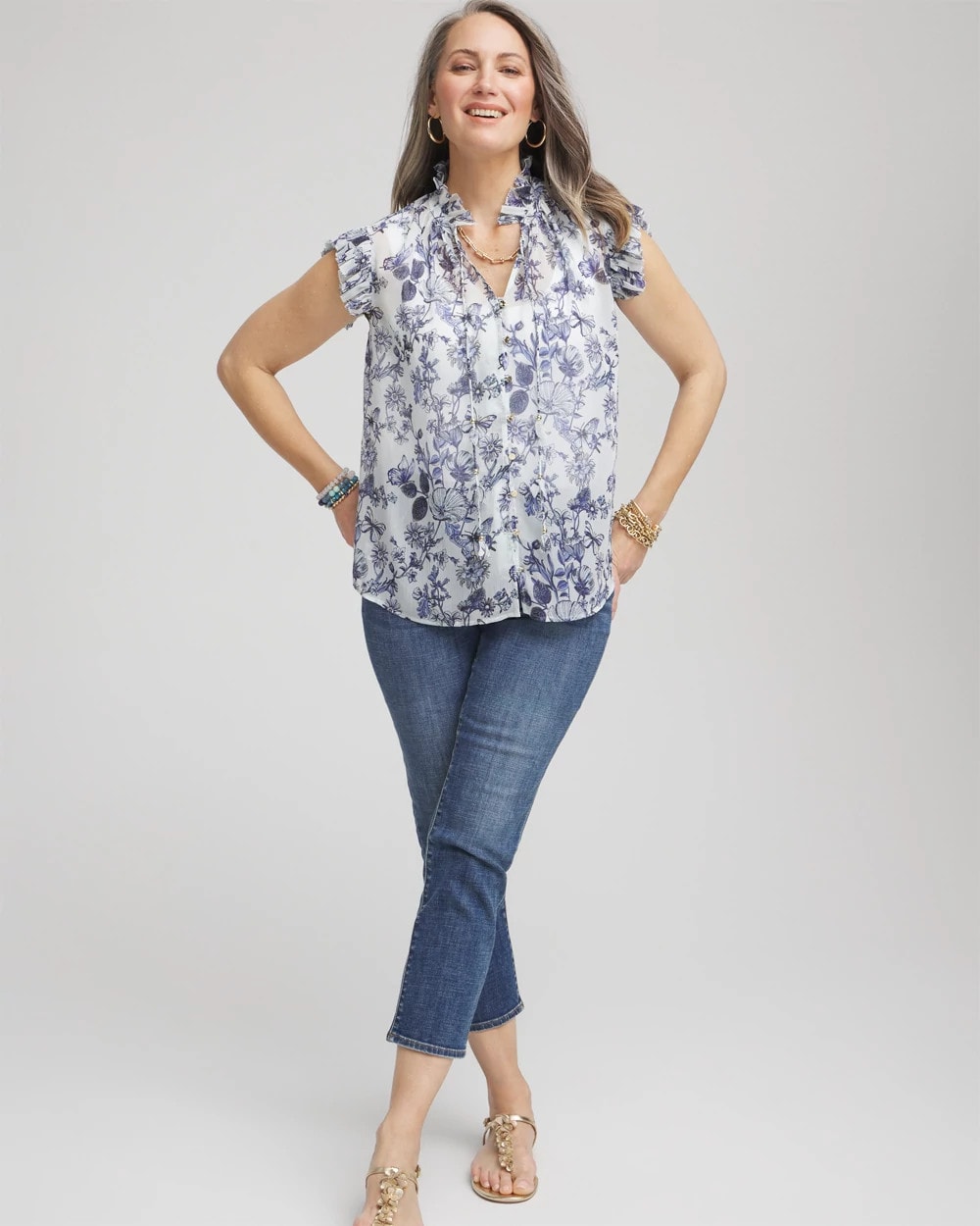 Chico's Sale Pale Turq Blue Butterfly Ruffle Collar Blouse