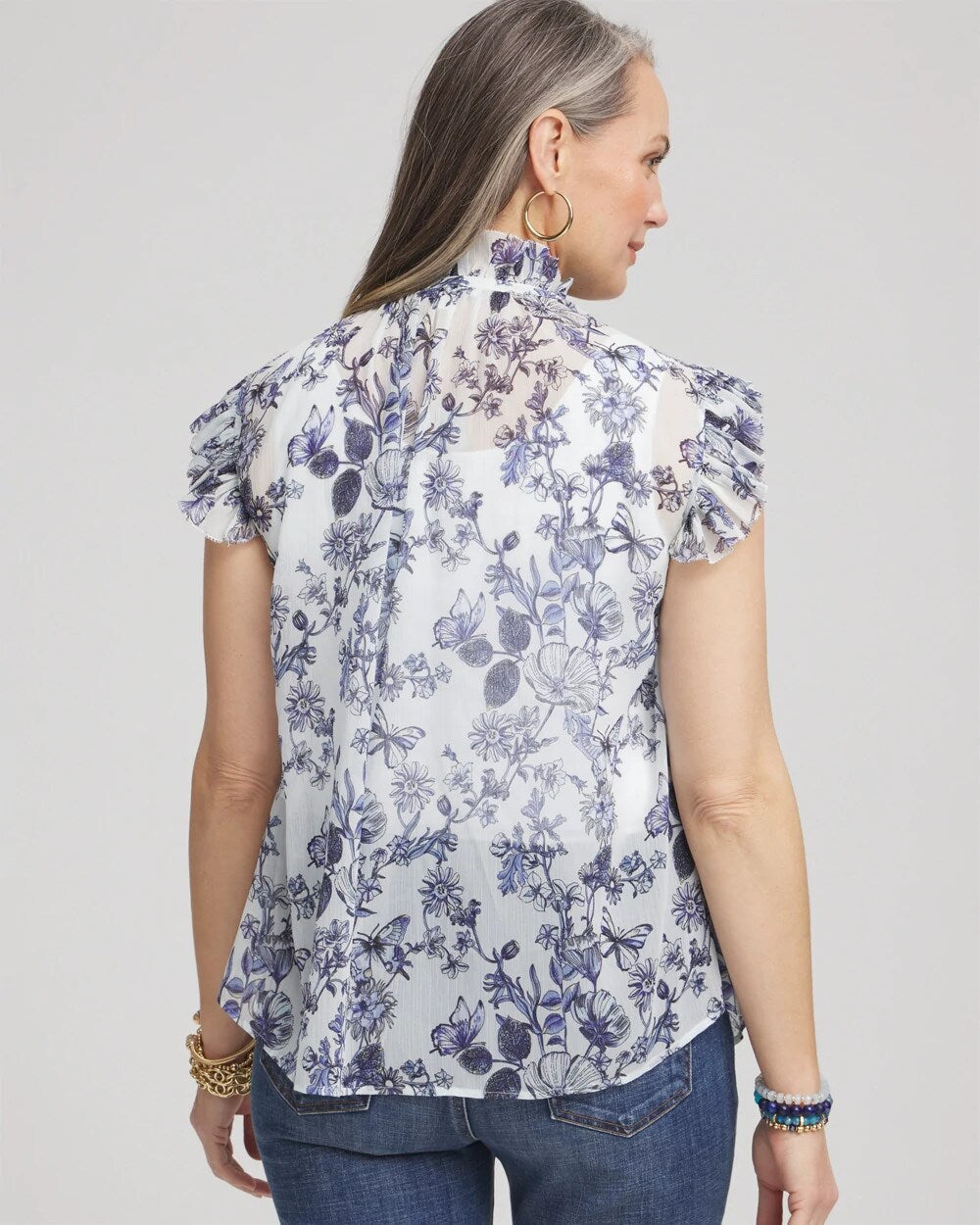 Chico's Sale Pale Turq Blue Butterfly Ruffle Collar Blouse