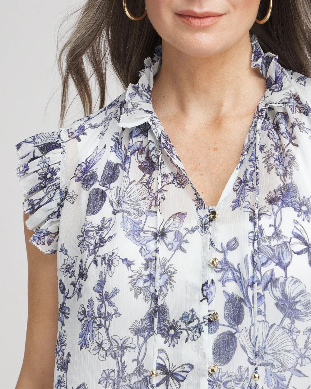 Chico's Sale Pale Turq Blue Butterfly Ruffle Collar Blouse