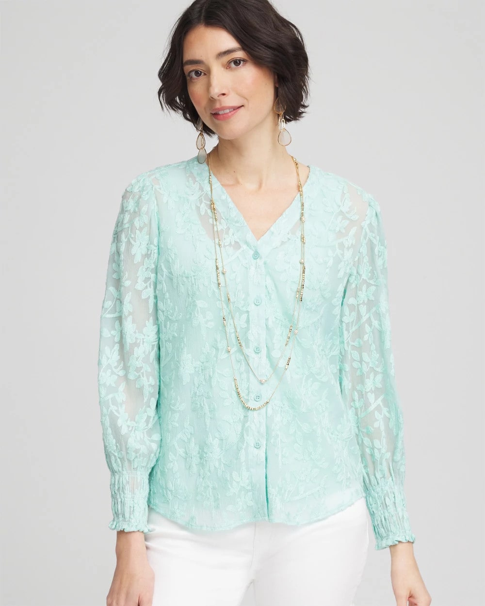 Chico's On Sale Teal Waters Floral Soutache V-Neck Blouse