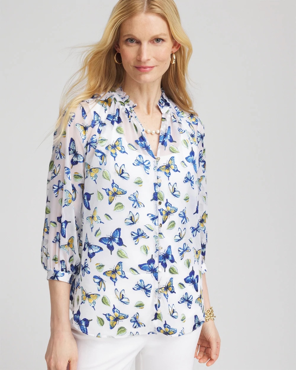 Chico's For Sale Blue Casa Ruffle Collar Butterfly Burnout Blouse
