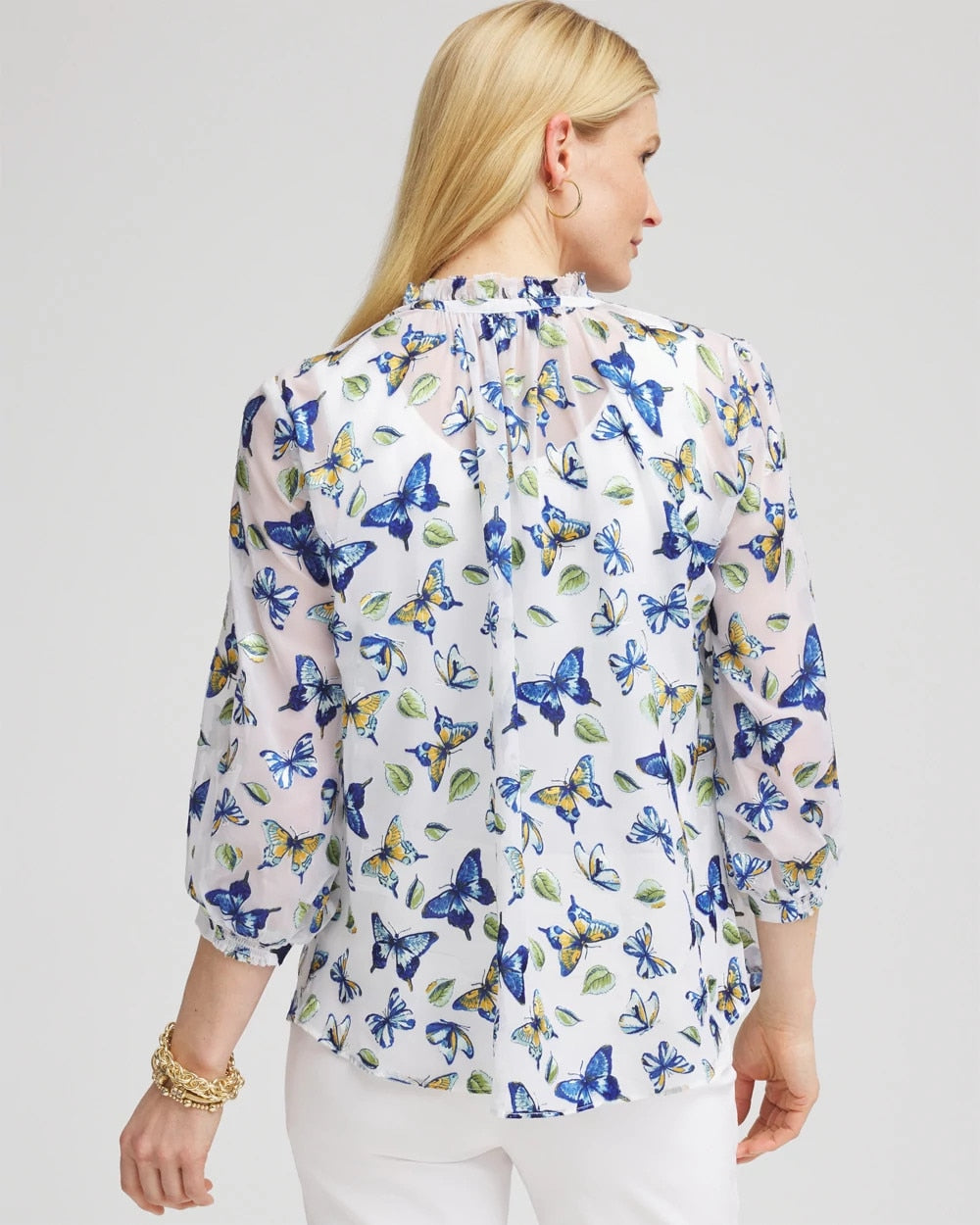 Chico's For Sale Blue Casa Ruffle Collar Butterfly Burnout Blouse