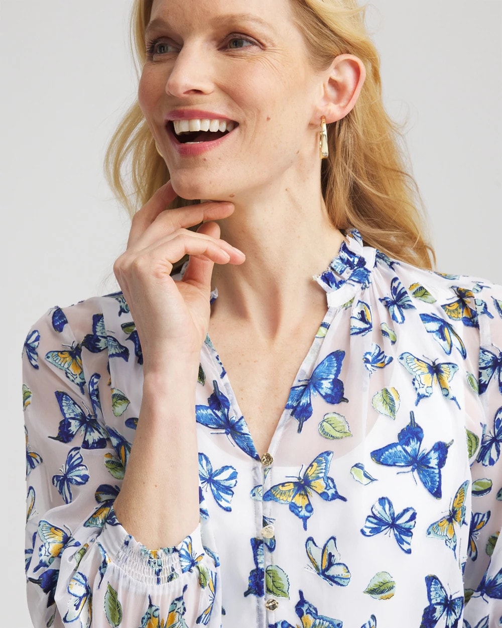 Chico's For Sale Blue Casa Ruffle Collar Butterfly Burnout Blouse