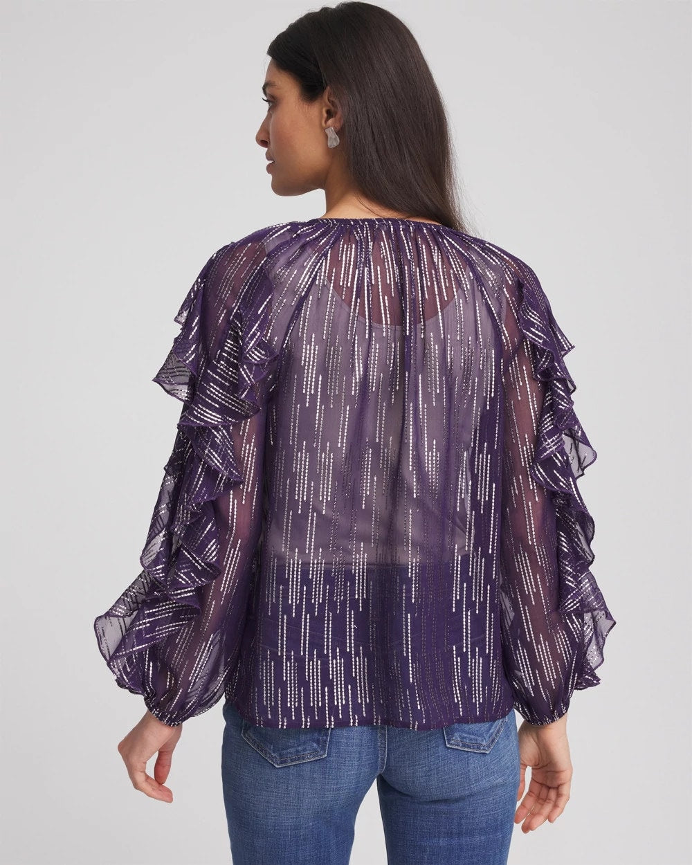 Chico's Discount Purple Elixir Georgette Ruffle Sleeve Blouse