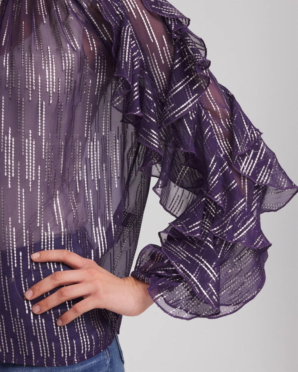 Chico's Discount Purple Elixir Georgette Ruffle Sleeve Blouse