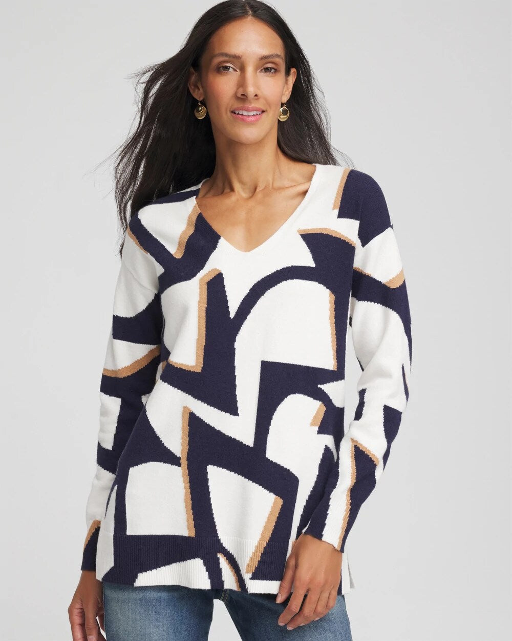 Chico's Sale Passport Blue Geo Intarsia V-Neck Tunic