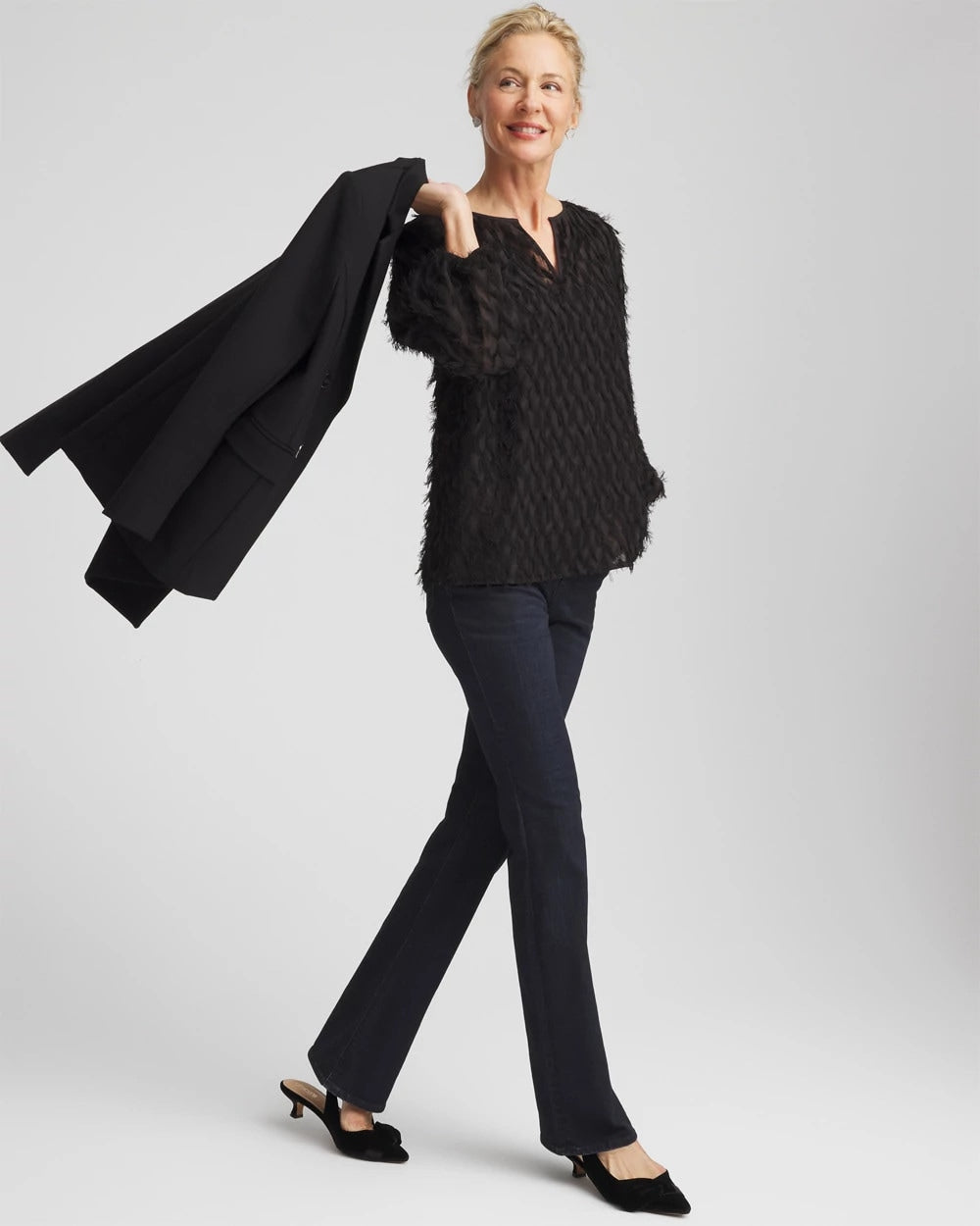 Chico's On Sale Black Feathered Pullover Peasant Blouse