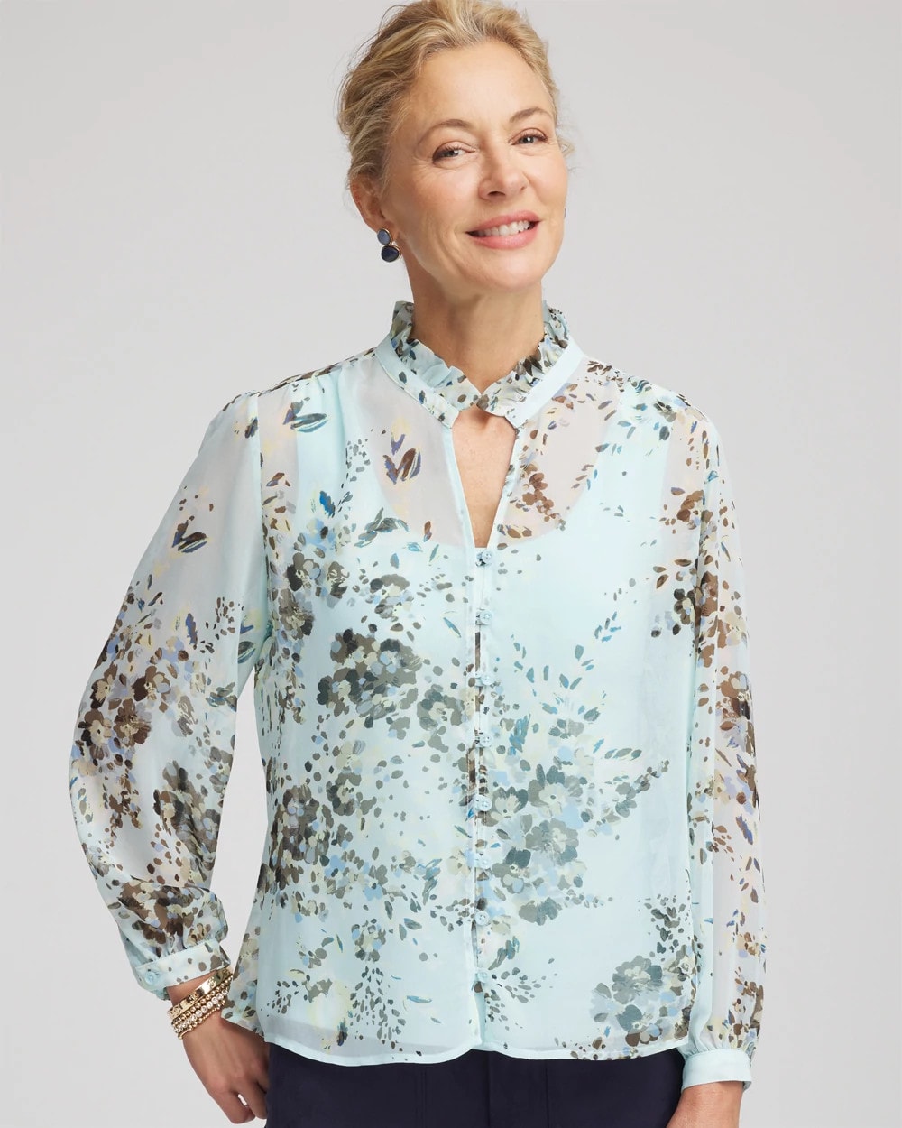 Chico's Sale Blue Menthe Floral Georgette Peasant Blouse