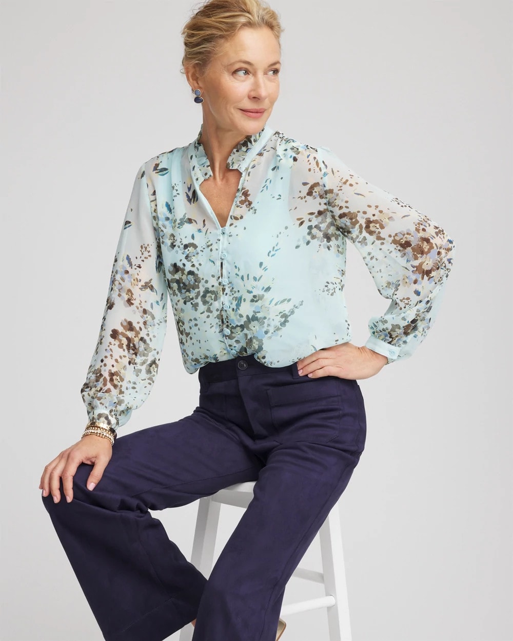 Chico's Sale Blue Menthe Floral Georgette Peasant Blouse