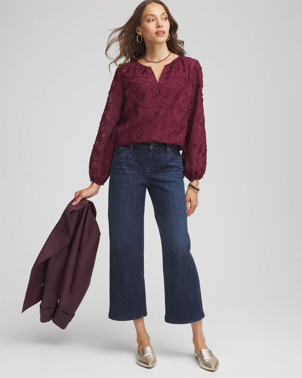 Chico's On Sale Deep Chianti Feathered Pullover Peasant Blouse