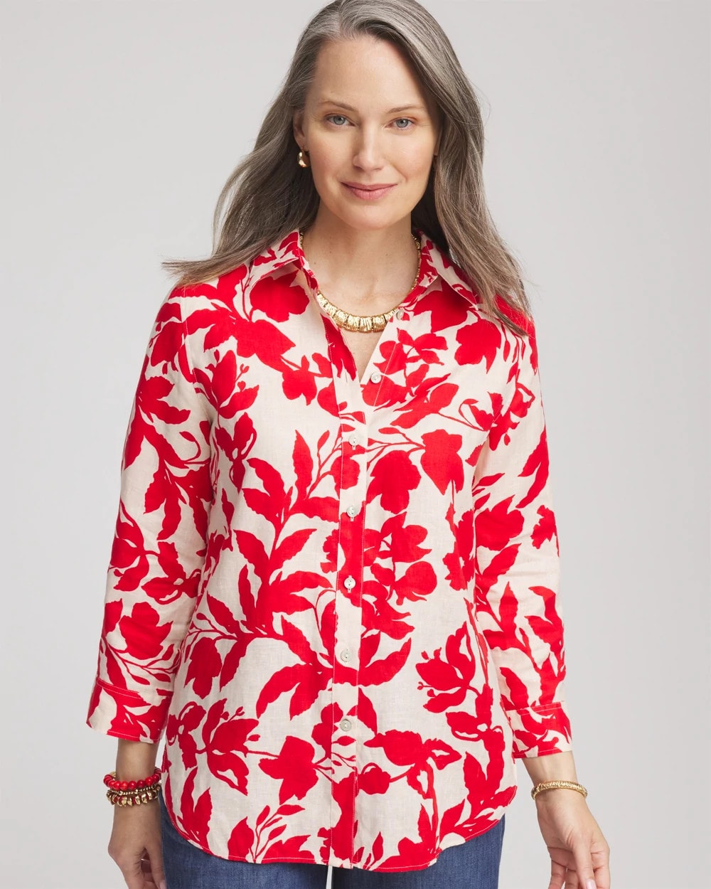 Chico's For Sale Red Glow No Iron™ Floral Linen Shirt