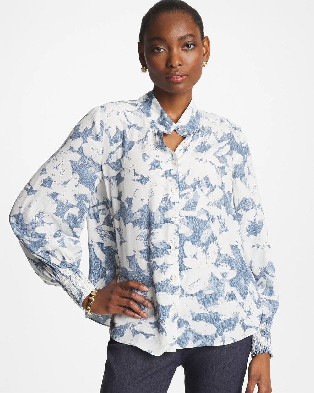 Chico's Sale Tidal Blue Faux Silk Mockneck Blouse
