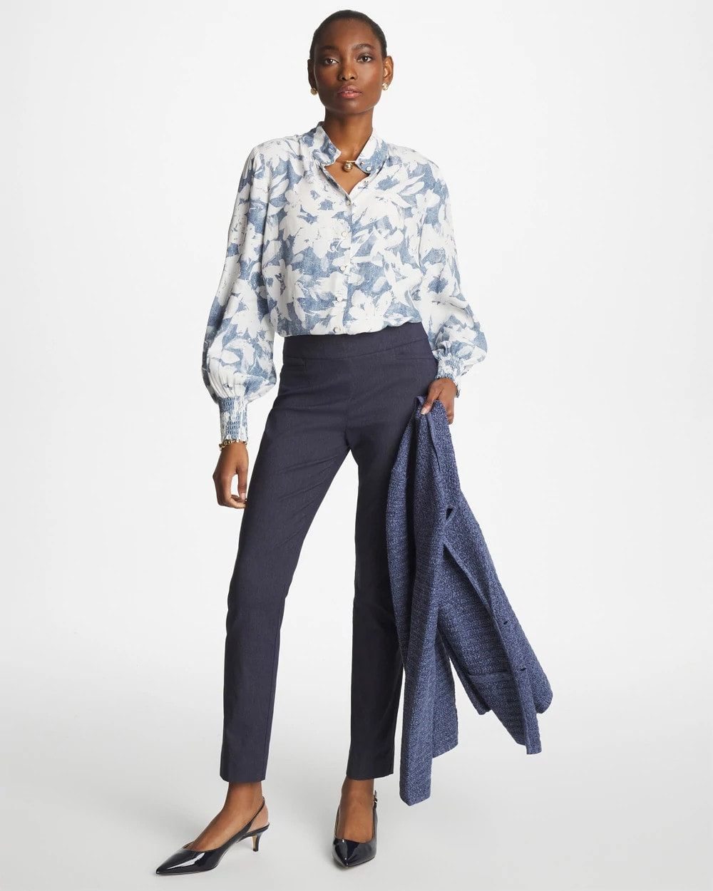Chico's Sale Tidal Blue Faux Silk Mockneck Blouse