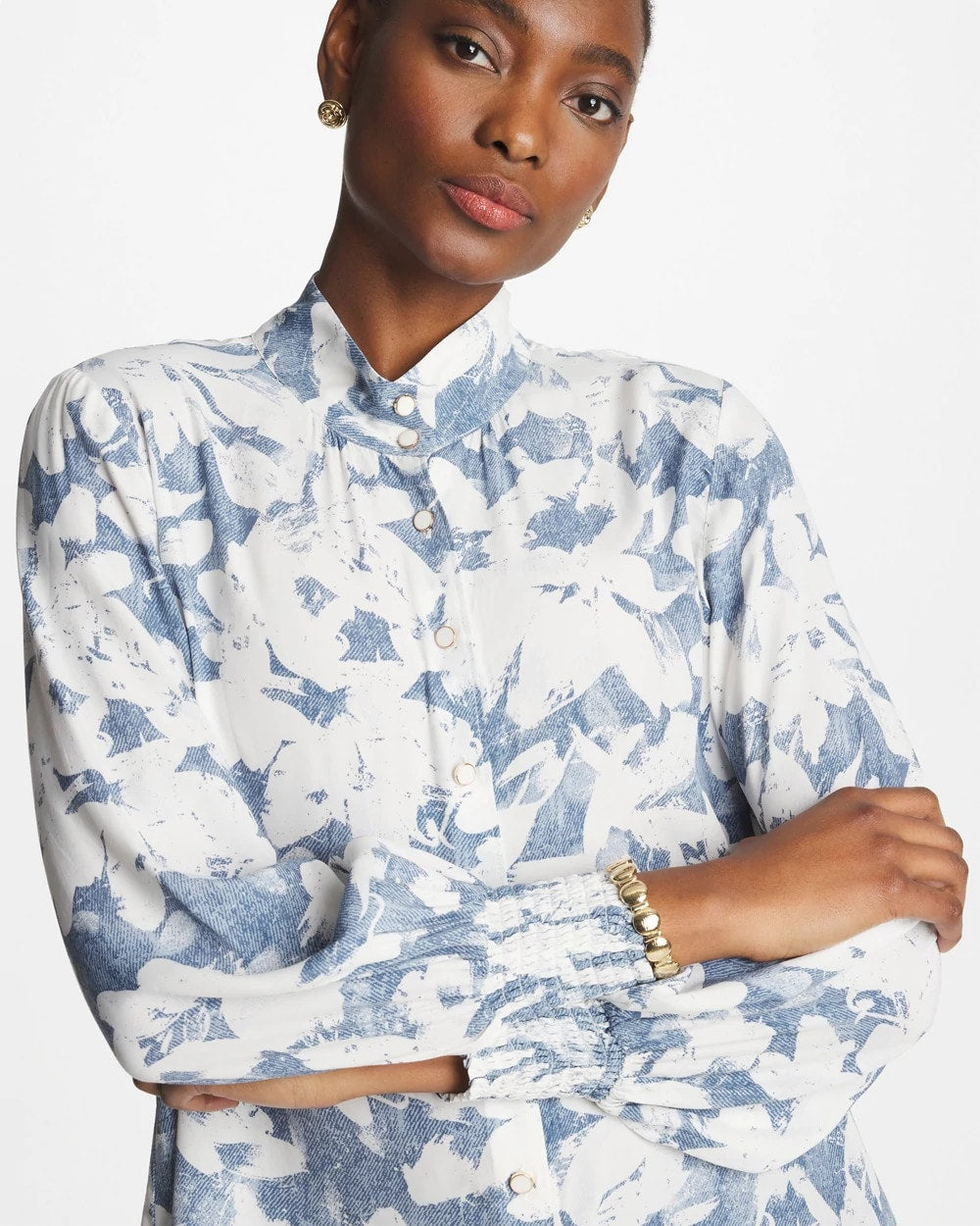 Chico's Sale Tidal Blue Faux Silk Mockneck Blouse