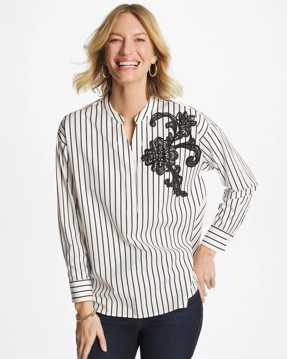 Chico's Outlet Black Striped Poplin Applique Tunic