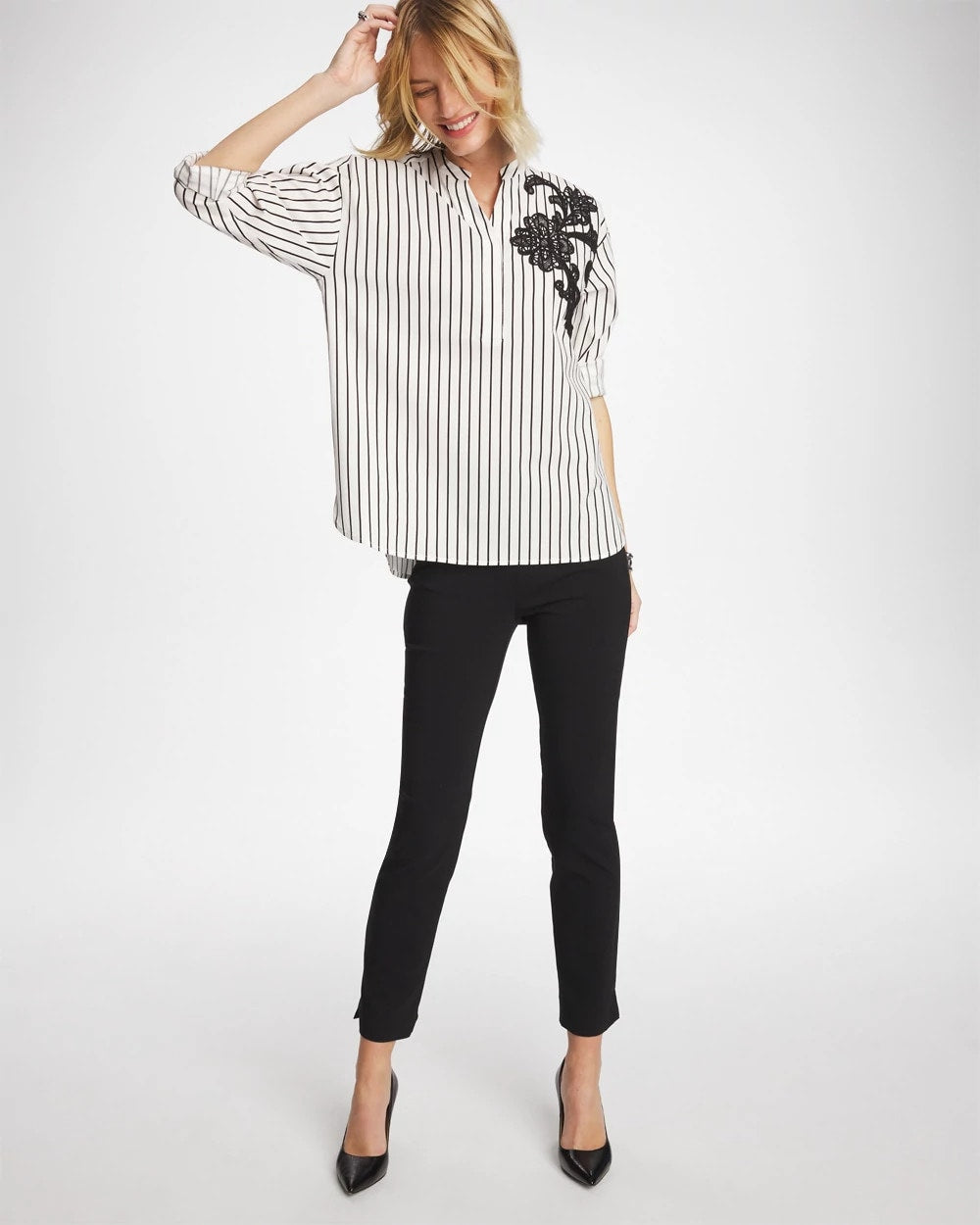Chico's Outlet Black Striped Poplin Applique Tunic