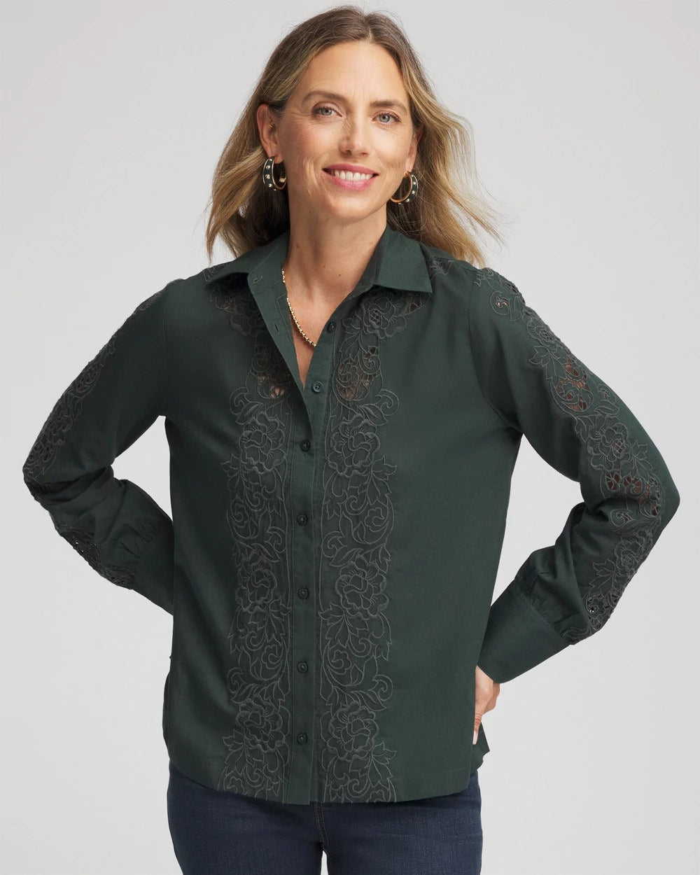 Chico's Online Darkest Spruce Lace Cotton Voile Shirt