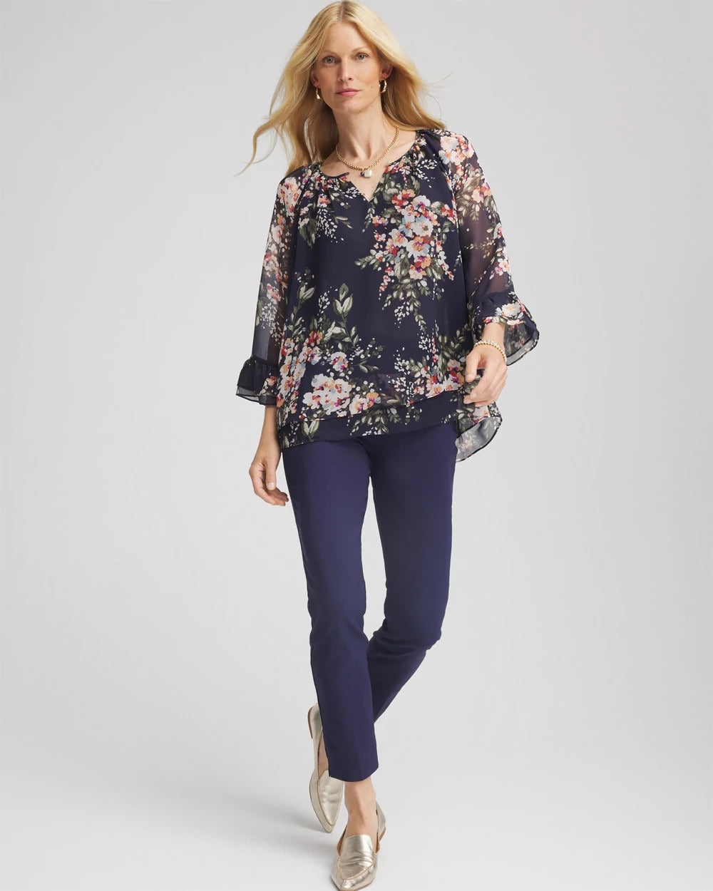 Chico's Sale Passport Blue Floral Georgette Blouse