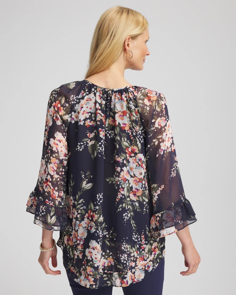 Chico's Sale Passport Blue Floral Georgette Blouse