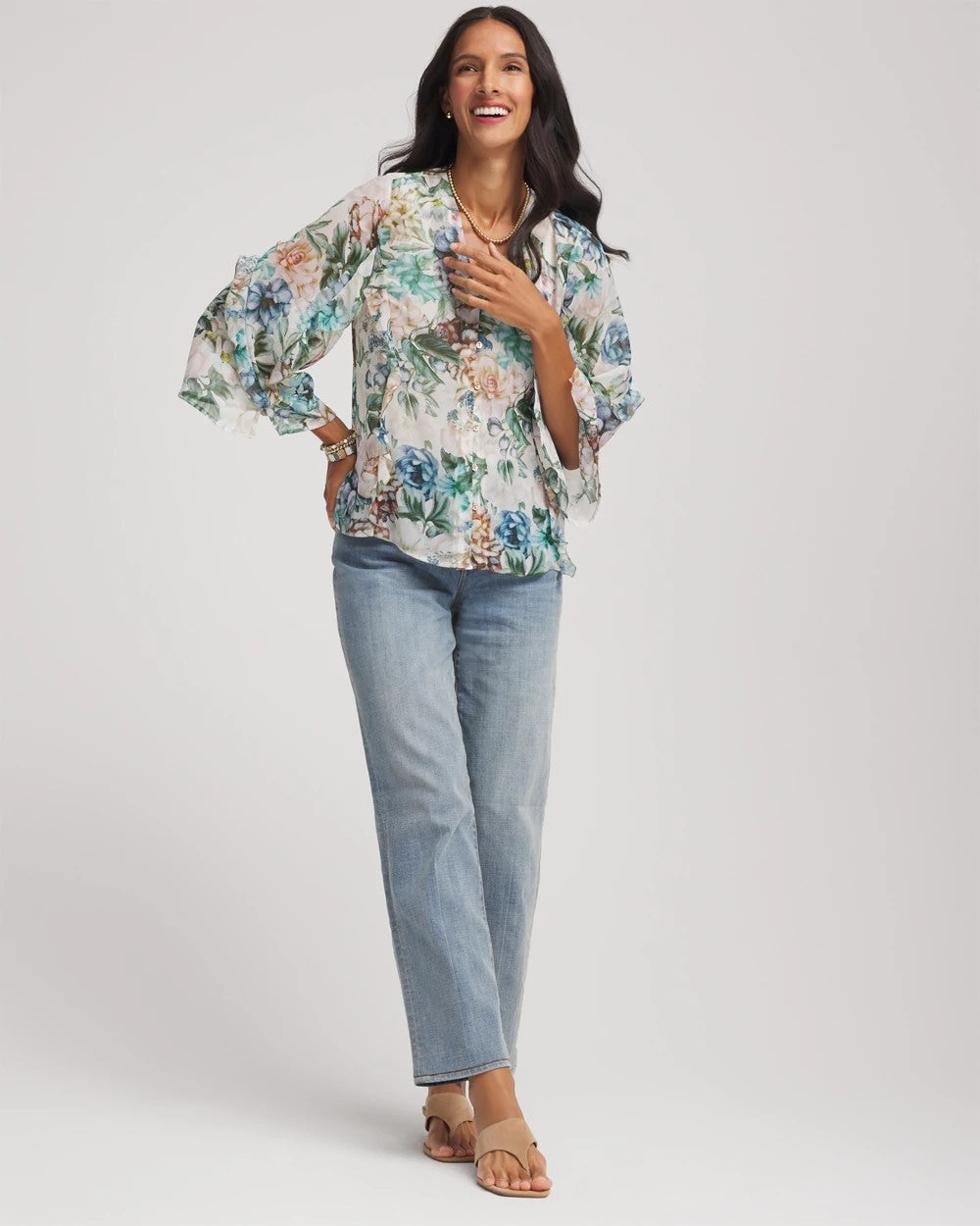 Chico's Outlet Rose Smoke Georgette Ruffled V-Neck Blouse