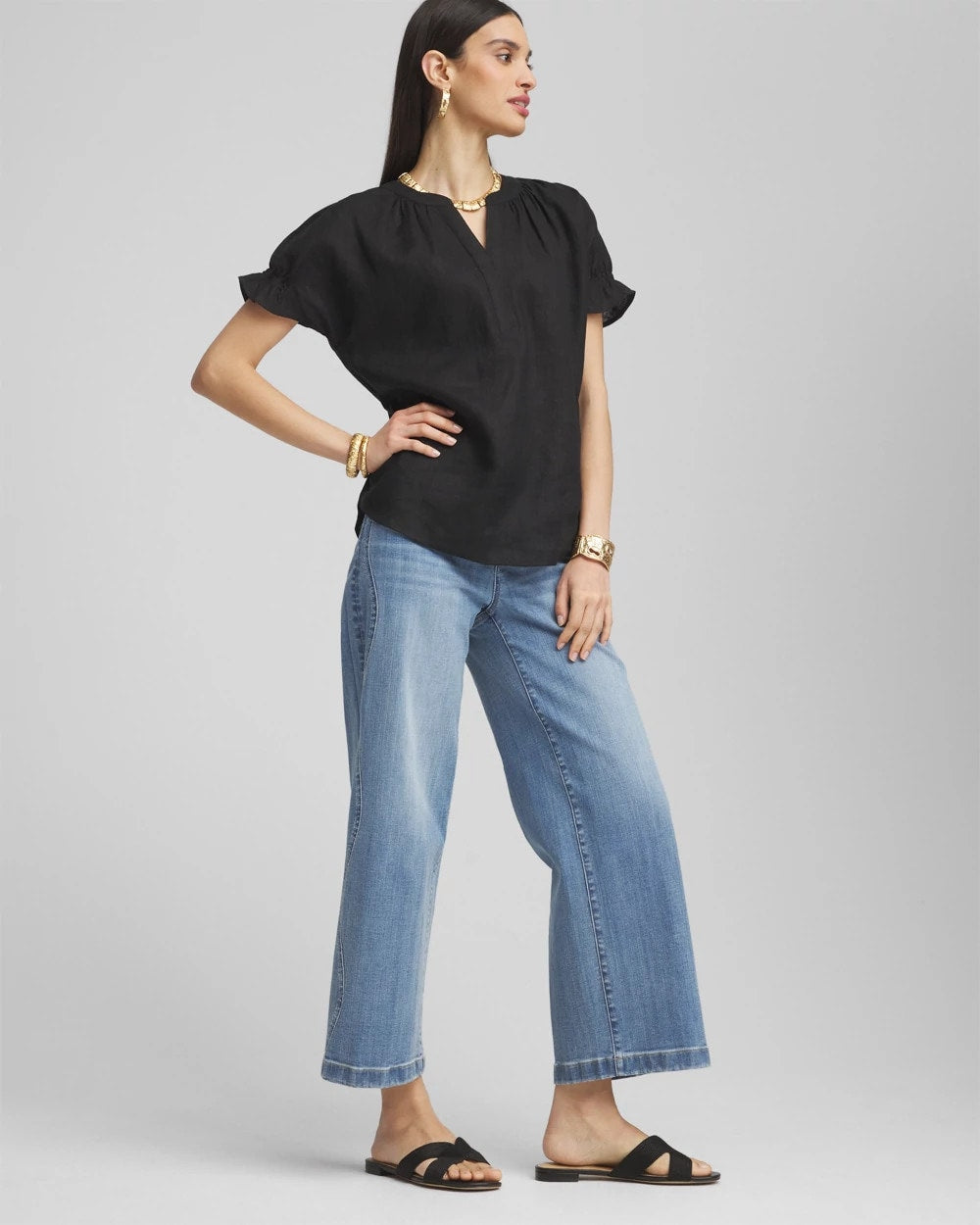 Chico's For Sale Black Linen Flutter-Sleeve Popover Top