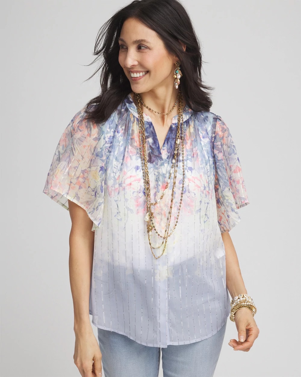 Chico's Online Blue Pearl Jacquard Flutter-Sleeve Blouse