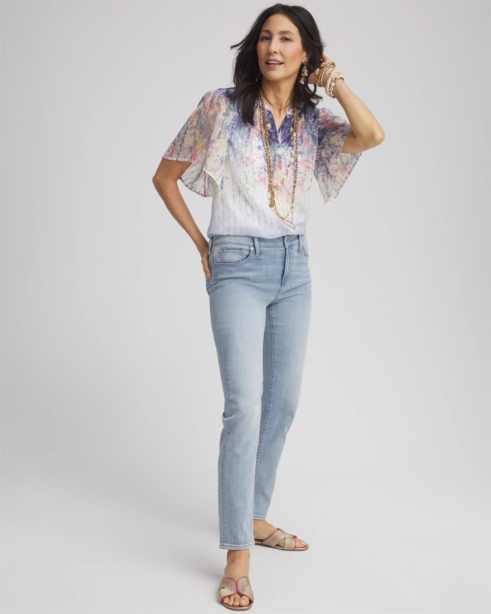 Chico's Online Blue Pearl Jacquard Flutter-Sleeve Blouse