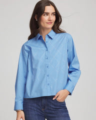 Chico's Sale Tidal Blue Embellished Stretch Cotton Collared Shirt
