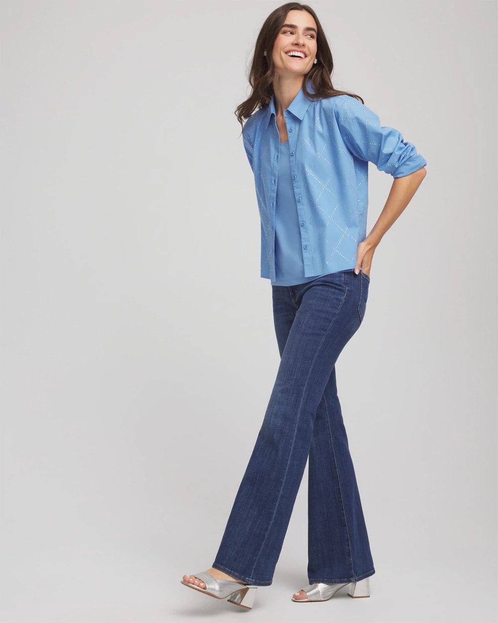 Chico's Sale Tidal Blue Embellished Stretch Cotton Collared Shirt