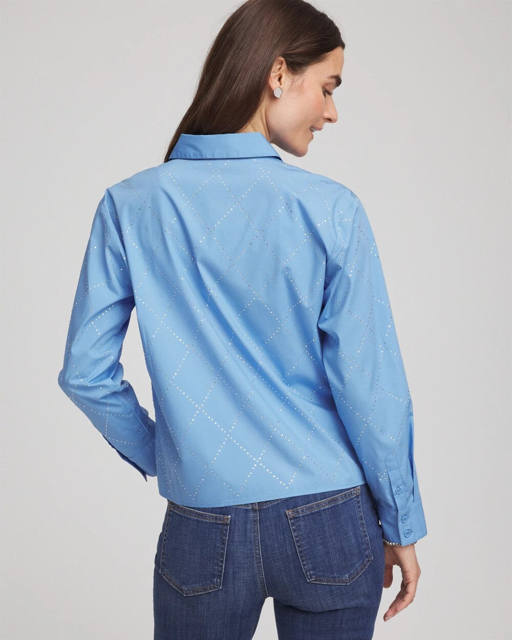 Chico's Sale Tidal Blue Embellished Stretch Cotton Collared Shirt