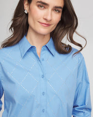 Chico's Sale Tidal Blue Embellished Stretch Cotton Collared Shirt