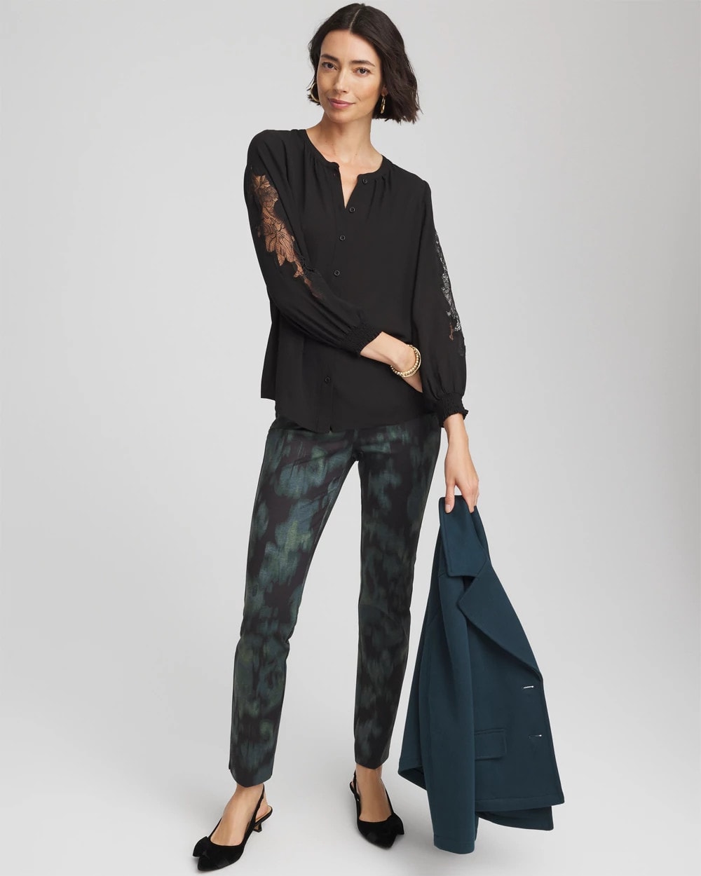 Chico's Online Black Crepe Banded Collar Blouse