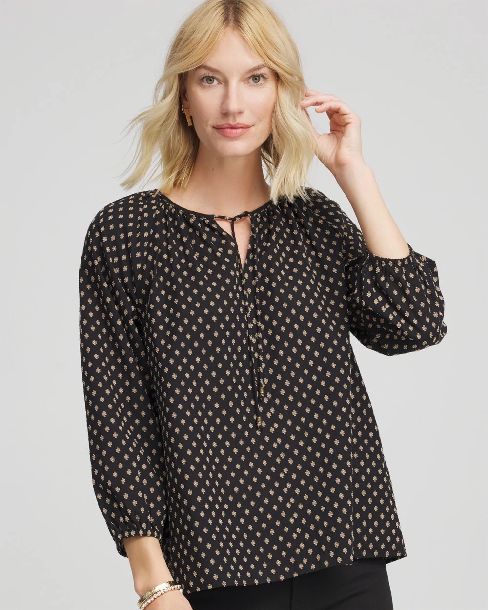 Chico's Outlet Black Floral Print Tie-Neck Top