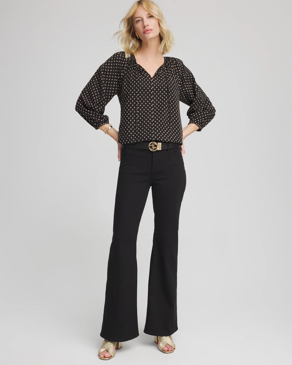 Chico's Outlet Black Floral Print Tie-Neck Top