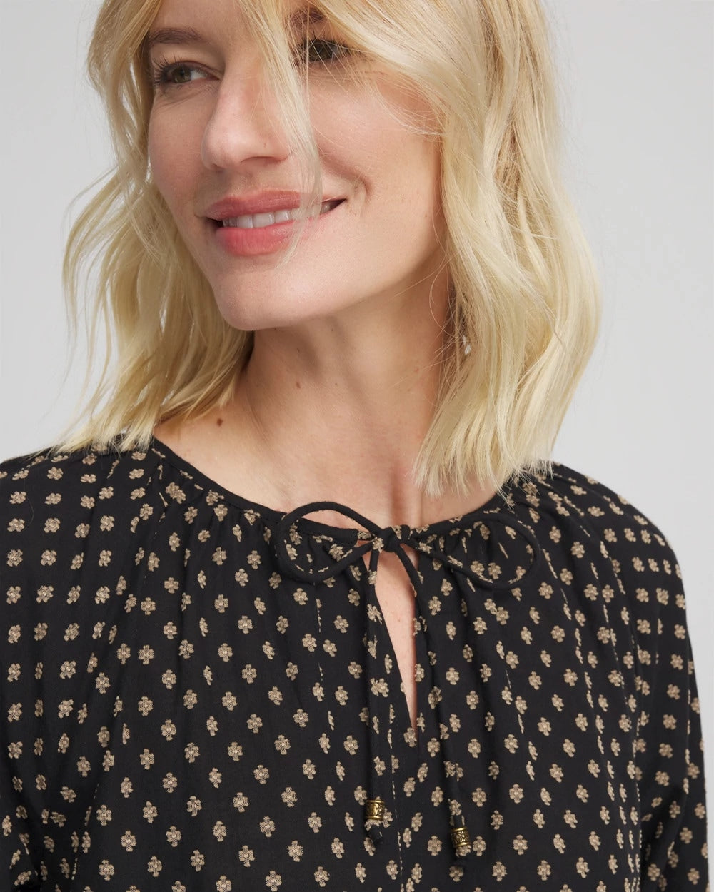 Chico's Outlet Black Floral Print Tie-Neck Top