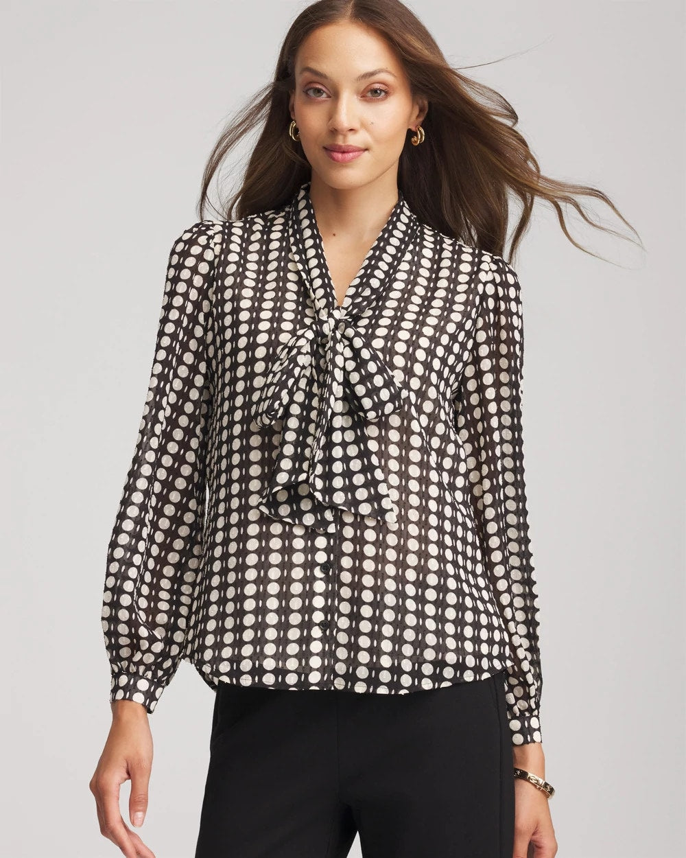 Chico's On Sale Black Clip-Dot Tie-Front Blouse