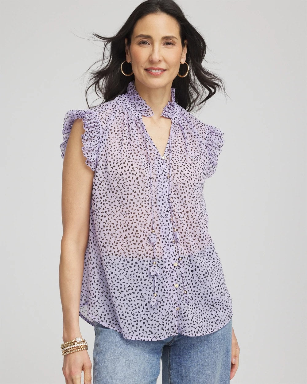Chico's For Sale Violet Aura Cheetah Print Ruffle-Collar Blouse