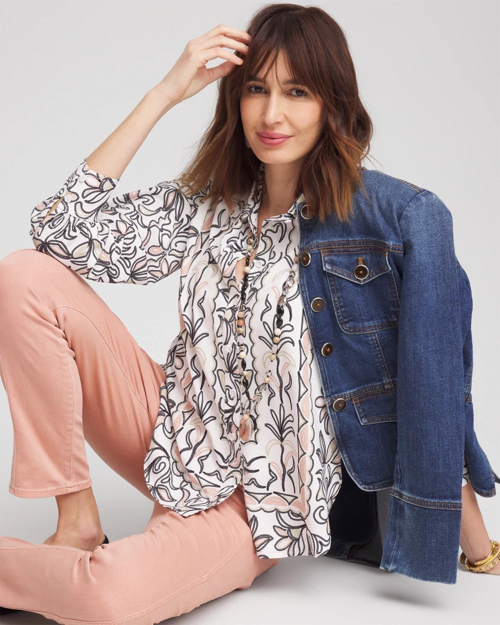 Chico's Discount French Blush Faux Silk Floral Collared Shirt