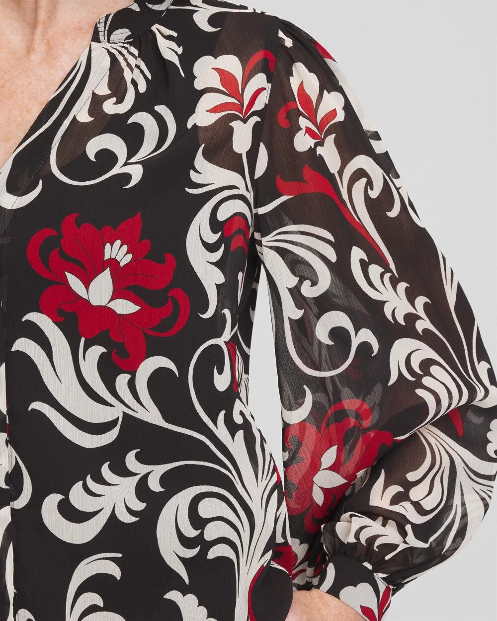 Chico's On Sale Black Crinkle Chiffon Floral Blouse