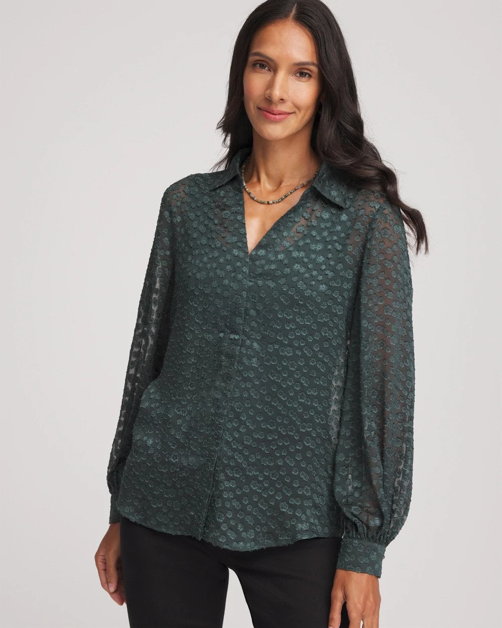 Chico's Online Darkest Spruce Clip-Dot Billow-Sleeve Blouse