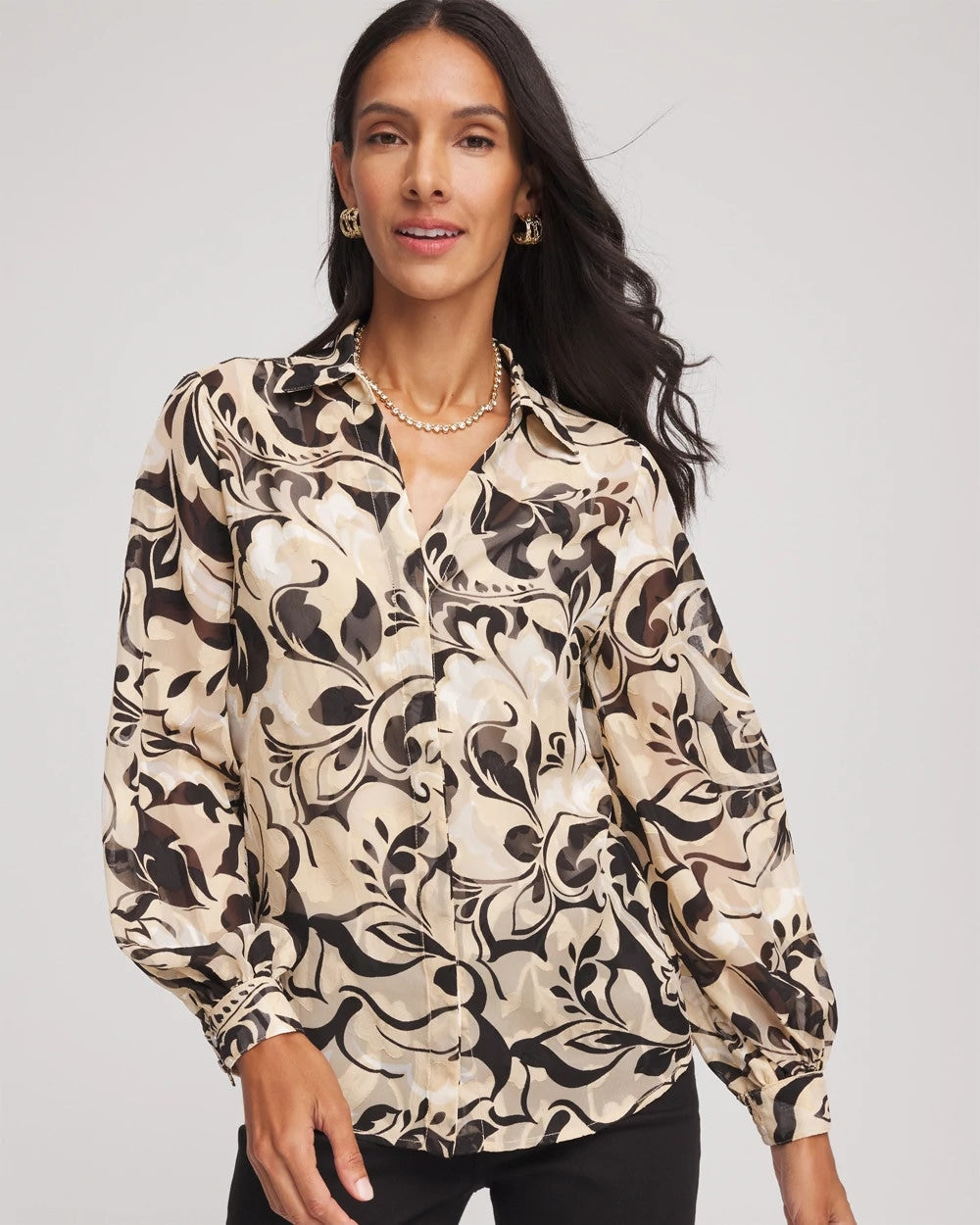 Chico's Sale Black Floral Burnout Blouson-Sleeve Blouse