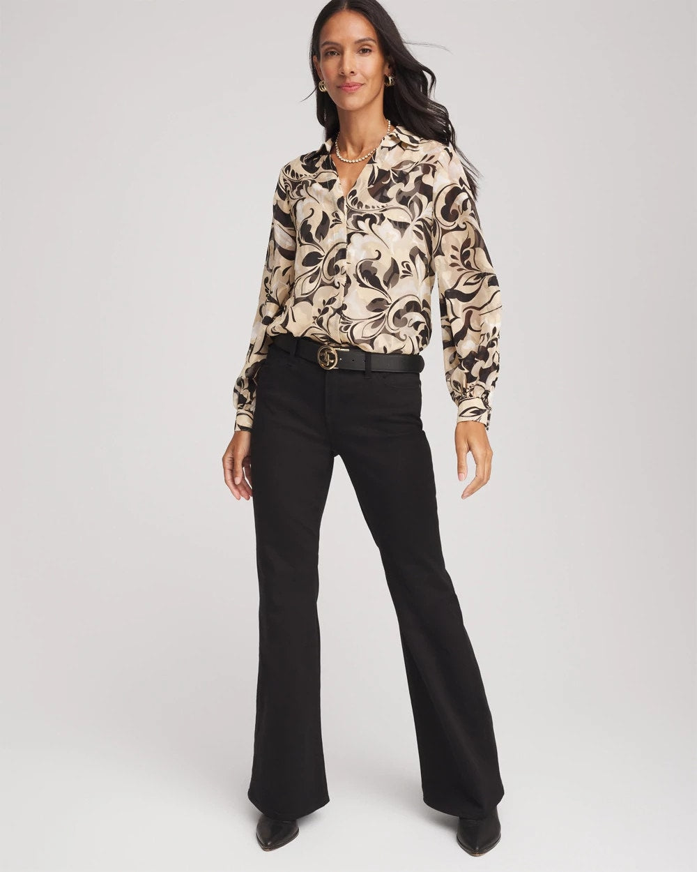 Chico's Sale Black Floral Burnout Blouson-Sleeve Blouse