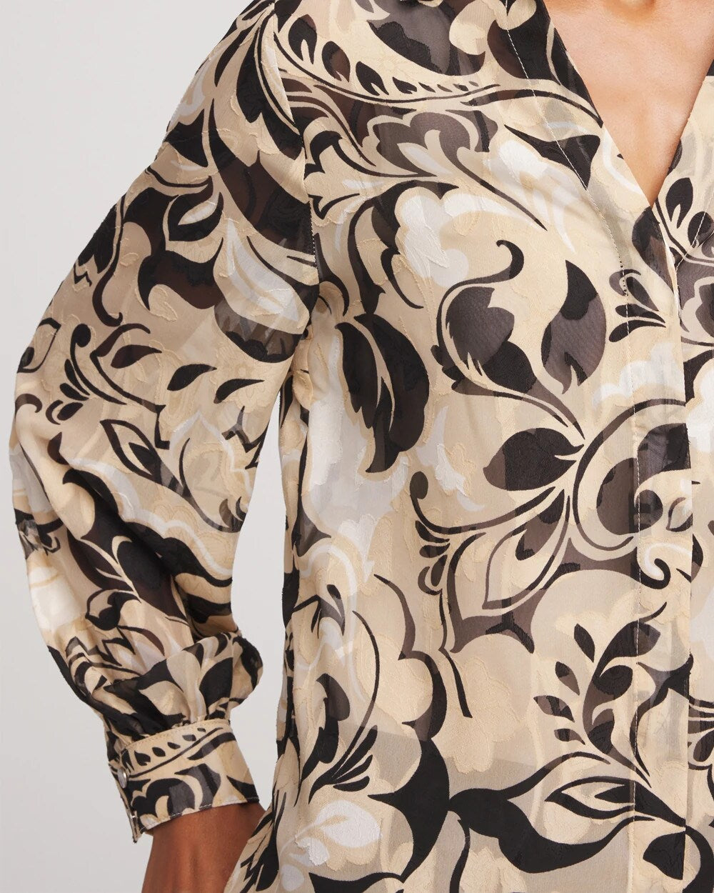 Chico's Sale Black Floral Burnout Blouson-Sleeve Blouse